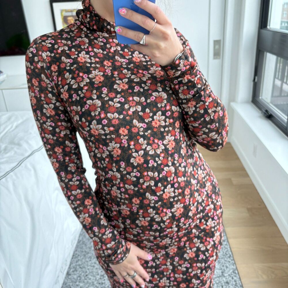SOLD - Ramy Brook Turtleneck Floral Print Bodycon Midi Dress Brown Small - Picture 2 of 10